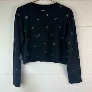PINK Victoria's Secret Black Long Sleeve Cropped Tee with White Micro Prints